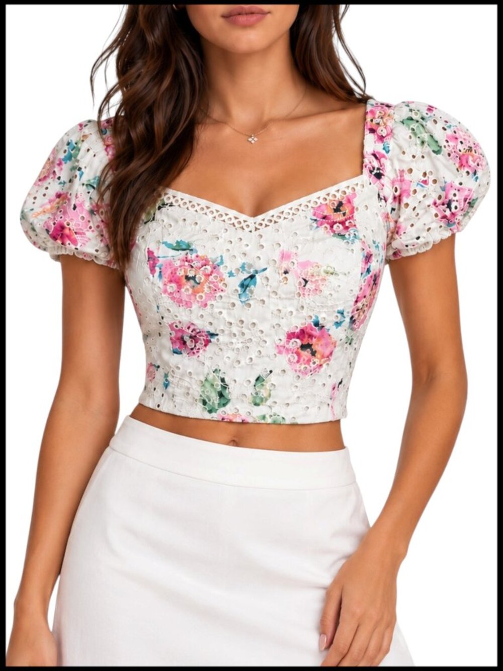 Aqua Crop Top White Pink Floral Eyelet Puff Sleeve S